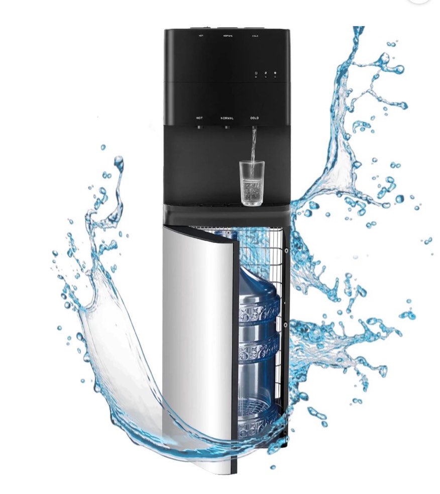 bottom loading water dispenser with compressor cooling  stainless steel body & aluminum motor  high dispensing area  safety lock