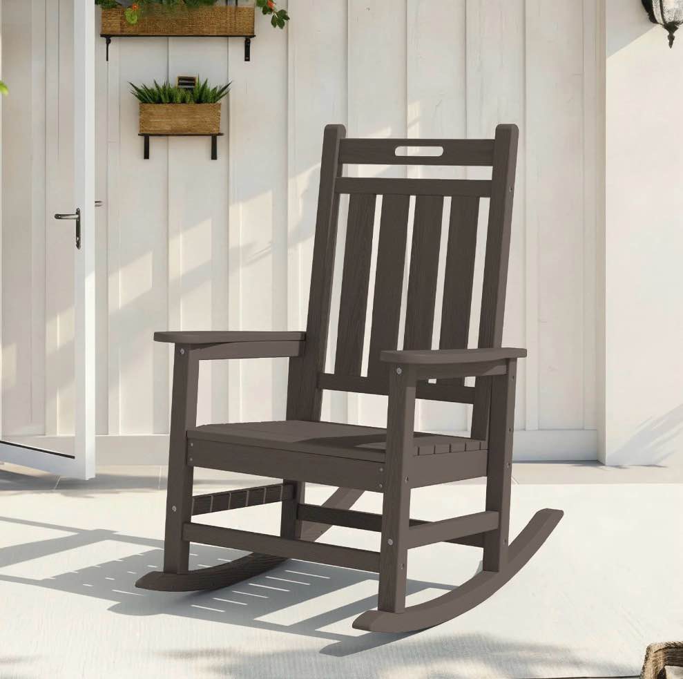 loyalice hdpe outdoor rocking chair for porch patio, all-weather high back rocker with wood-grain texture, heavy-duty deck garden seating, fade-resistant & easy to clean,coffee