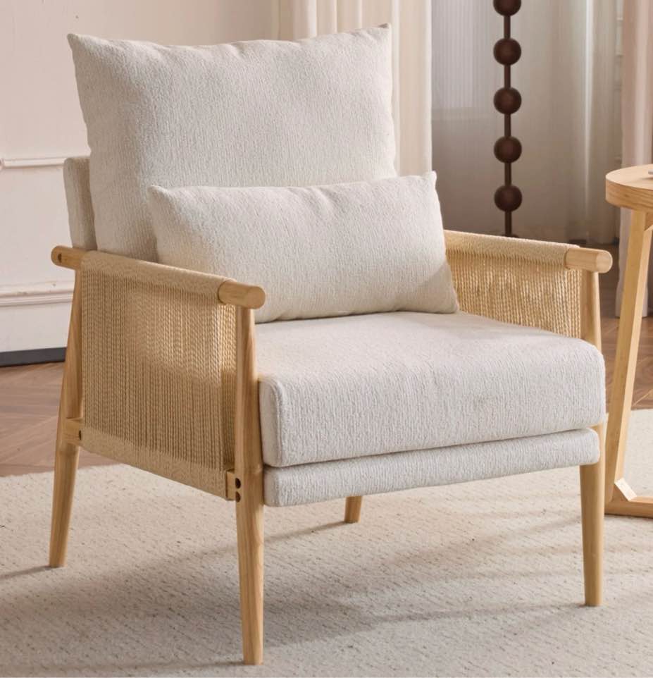ktaxon accent chair, solid wood and jute rope armrests armchair, single sofa with lumbar pillow for living room bedroom office off white
