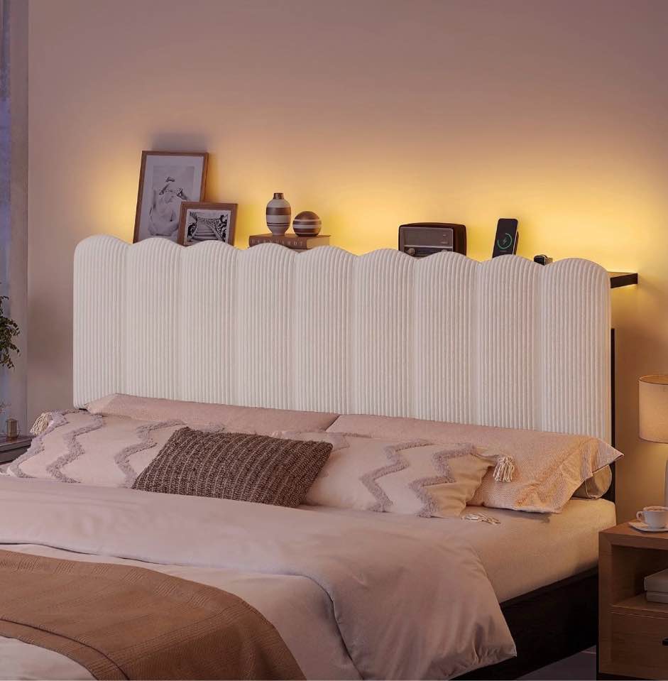 pinmoco upholstered headboard with full size bed, beige striped corduroy backboard with storage, charging station and led lights for bedroom(bed headboard only)
