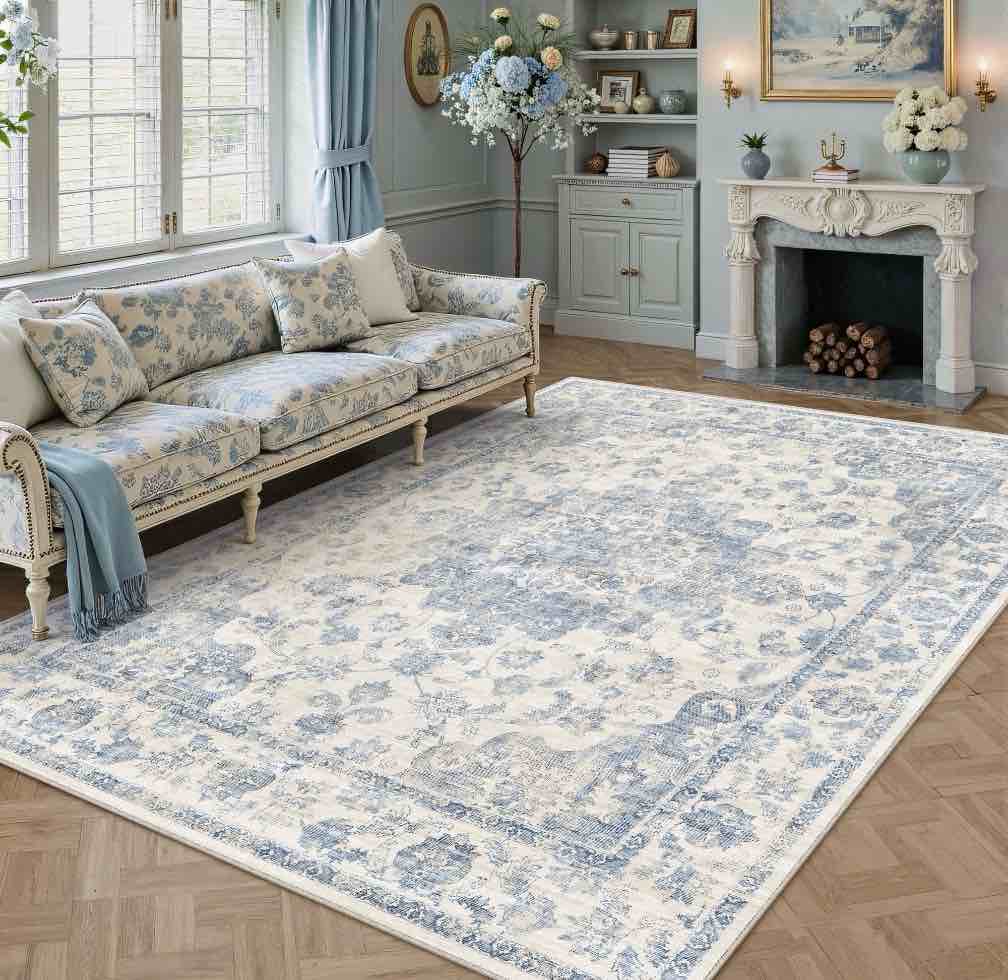 berthmeer 8 x10 area rugs for living room large vintage blue carpets for bedroom office machine washable farmhouse dining room oriental rugs non slip traditional distressed rugs