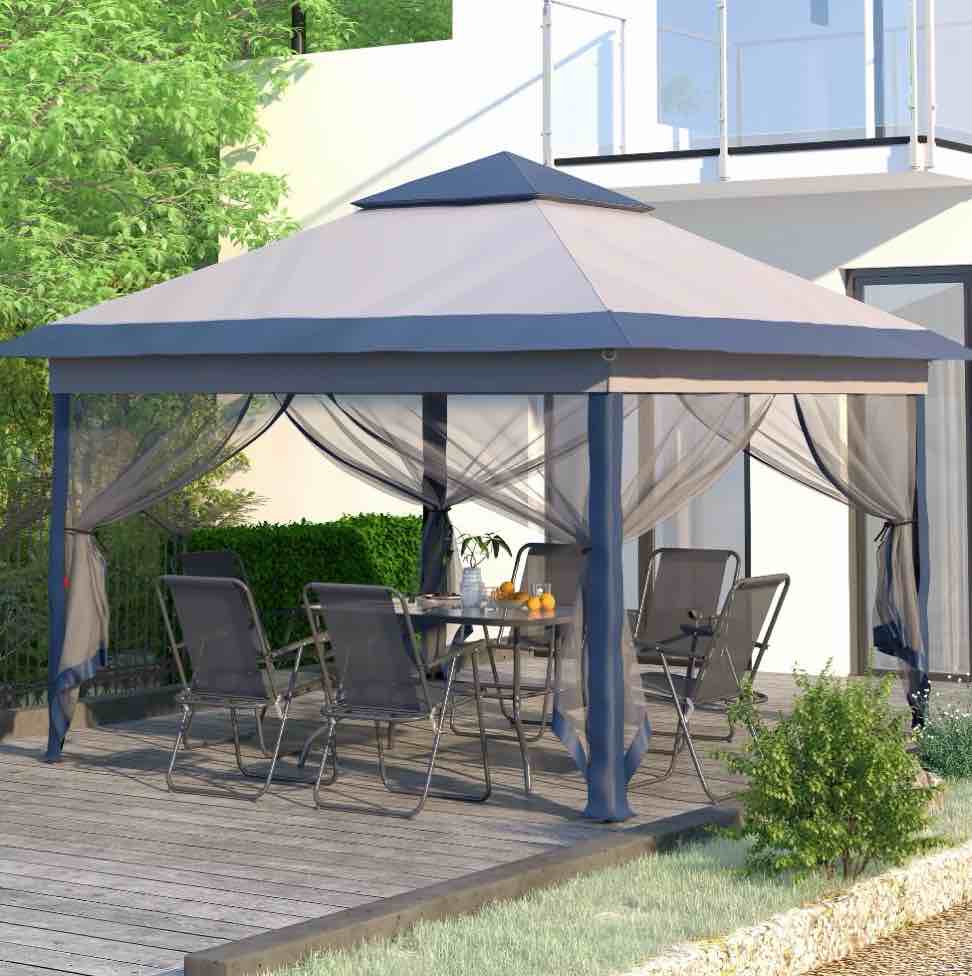 ainfox 11x11 ft outdoor patio pop up canopy gazebo with heavy duty frame mosquito netting & uv protection navy blue