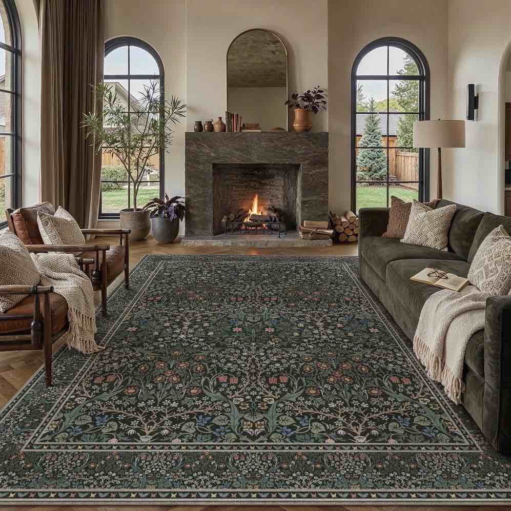 BERTHMEER 8 x10  Large Area Rugs for Living Room Bedroom Dining Room Office Non Slip Washable Farmhouse Oriental Vintage Floral Distressed Rugs Carpets  Deep Green