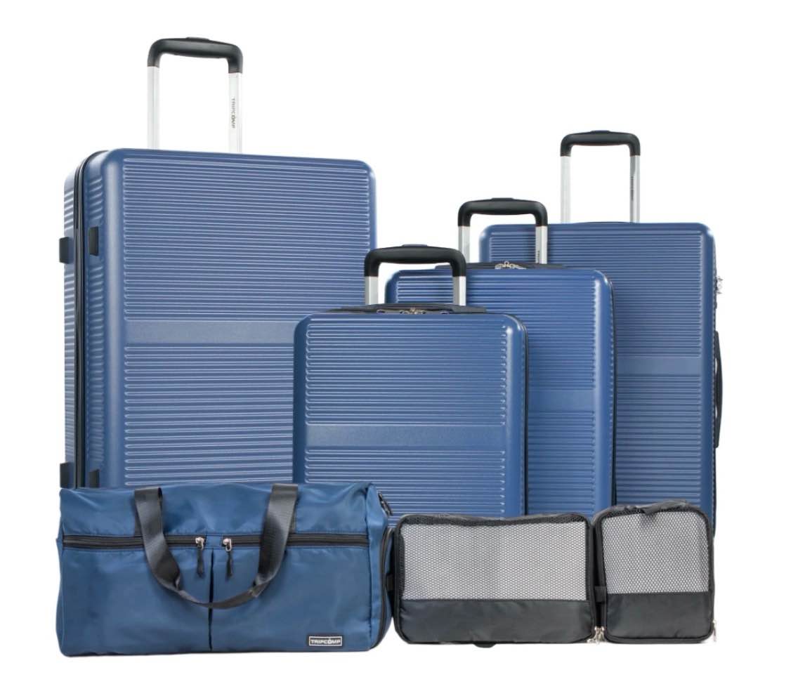 tripcomp 7-piece hardside luggage set with duffel bag & spinner wheels, 8/14/19/16/20/24/28 inch lightweight abs suitcases with tsa lock,dark blue