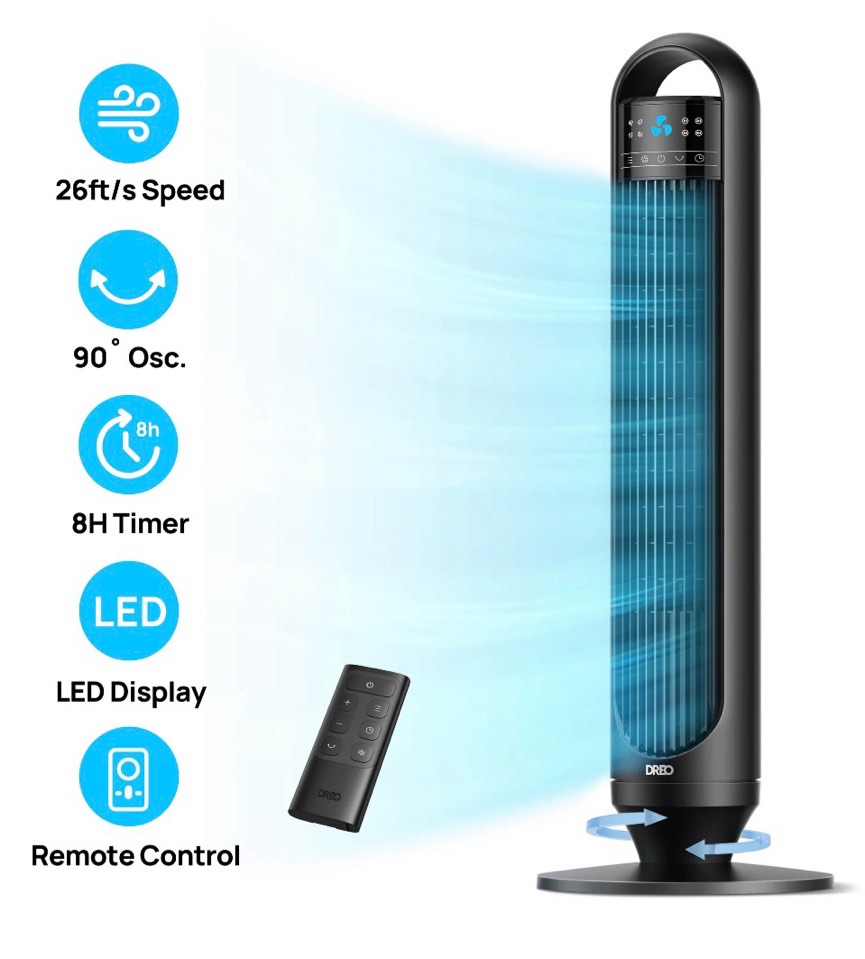 dreo tower fans for home 32 standing floor fan 26 ft/s bladeless fan with remote 90° oscillating 3 modes 3 speeds led display 8h timer quiet room fan