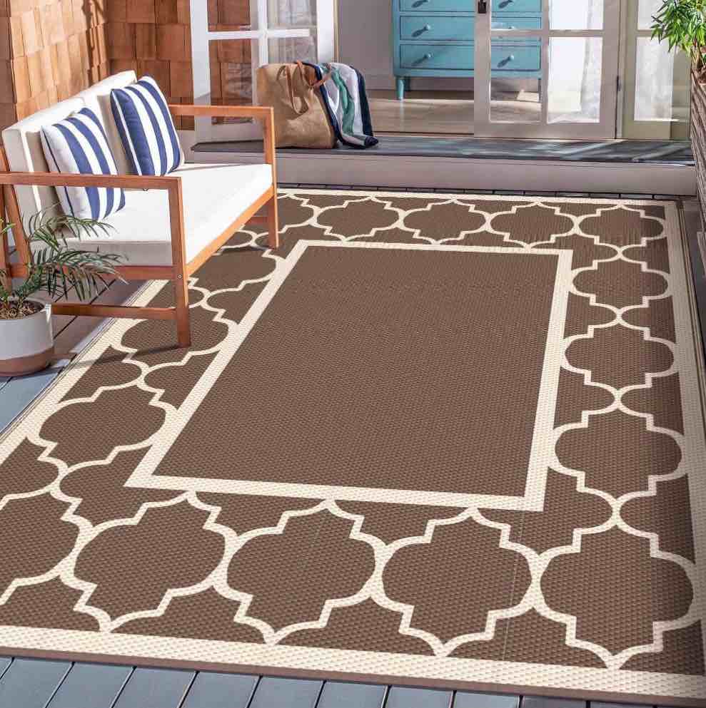 deorab outdoor rugs waterproof plastic straw mat 9 x12 reversible for rv patio deck beach coffee & beige
