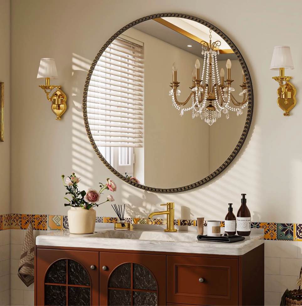 beautypeak 32" round bathroom mirror vanity mirror wall mounted with beaded frame,antique bronze 32" x 32"
