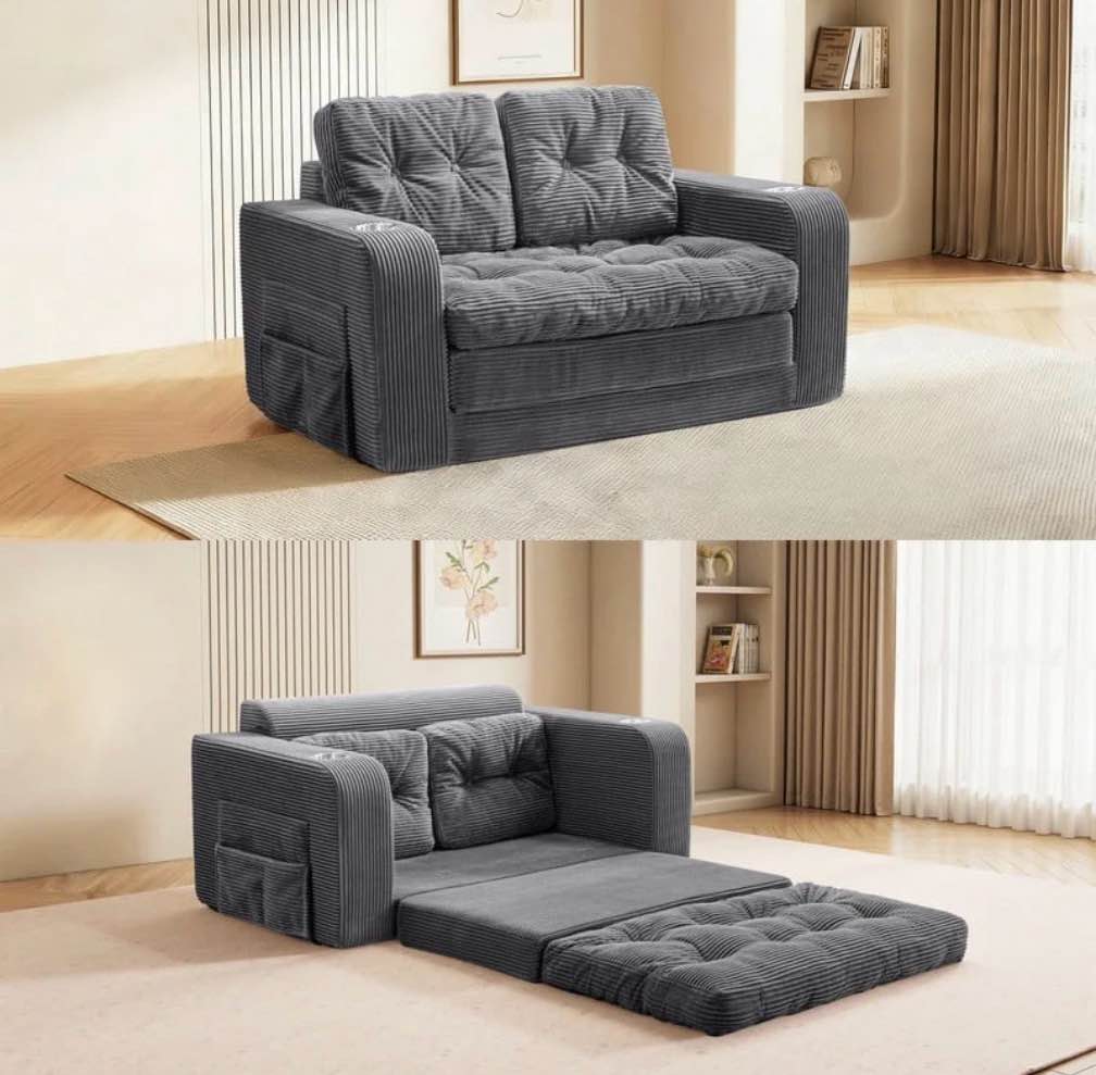 ATHOPE Convertible Sofa Bed, Pull Out Loveseat Sleeper Sofa, 2 in 1 Folding Couch Bed, Floor Couch with Pillows 2 Cup Holders for Living Room Bedroom Small Space, Gray