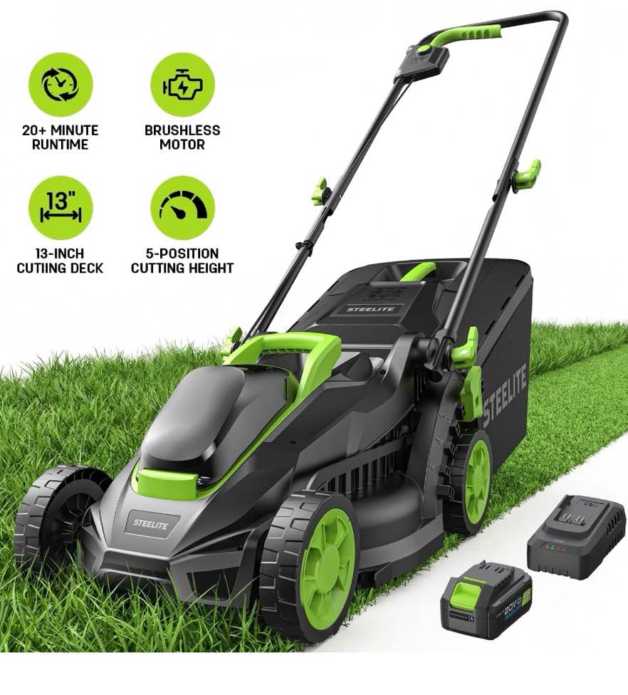steelite 13-inch cordless lawn mower, 21v electric lawn mowers with brushless motor for garden,5 heights adjustment, 4.0ah battery & charger included