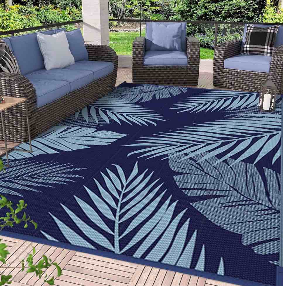 deorab 6 x9  outdoor rug patio clearance waterproof outside mat reversible plastic camping blue&grey