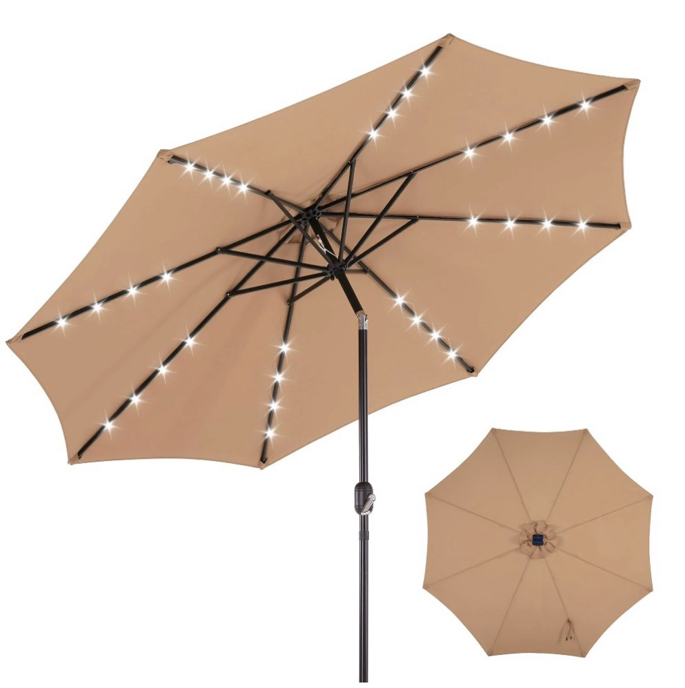 edx 10ft solar 32 led lights patio umbrella with tilt adjustment and uv-resistant polyester fabric?market umbrella for outdoor, khaki