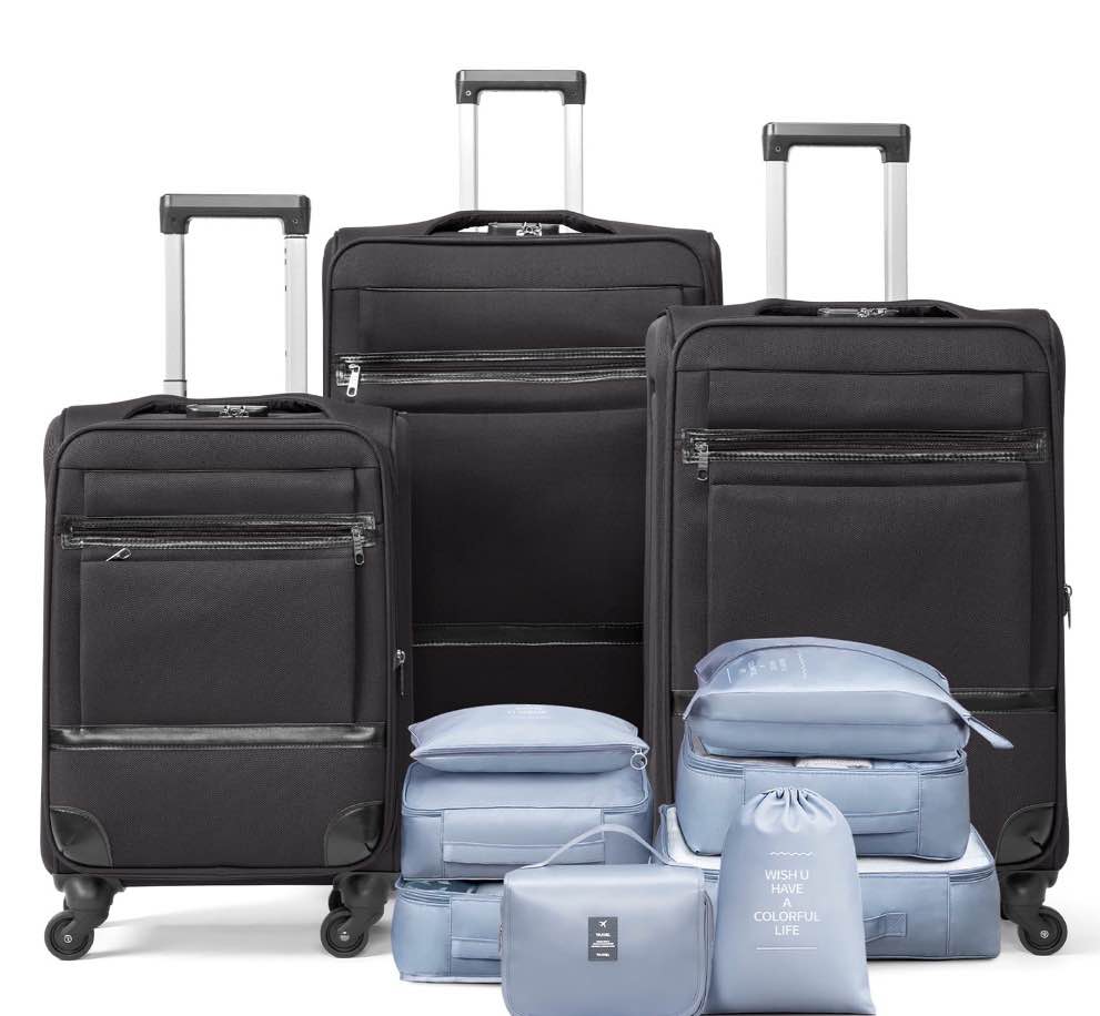 ktaxon 3-piece softside luggage set with 8 set pcaking cube tsa lock, 360° spinner wheels black