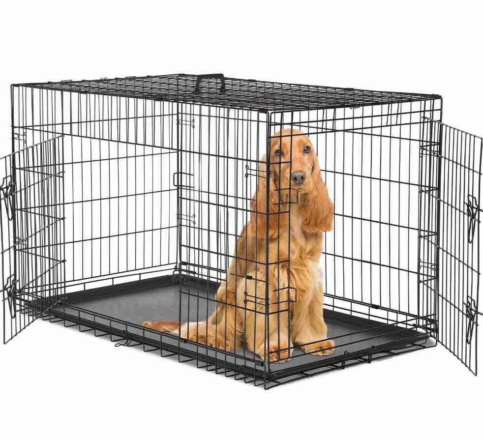 concetta 48 inch double-door folding dog crate, portable small cage with divider, leak-proof tray