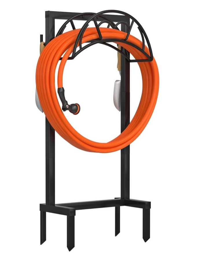 garden hose holder, freestanding heavy duty water hose holder for outside, upgraded metal hose stand with 4 spikes, detachable garden hose storage hose reel rack, black