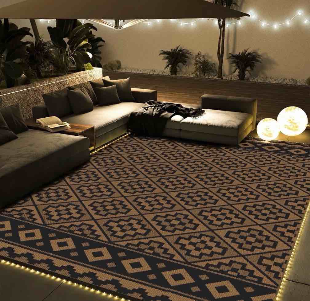 sixhome outdoor rug with led strip light 9 x12  waterproof reversible patio rug modern lightweight plastic straw indoor outdoor rug for rv camping deck balcony porch boho patio decor black and brown