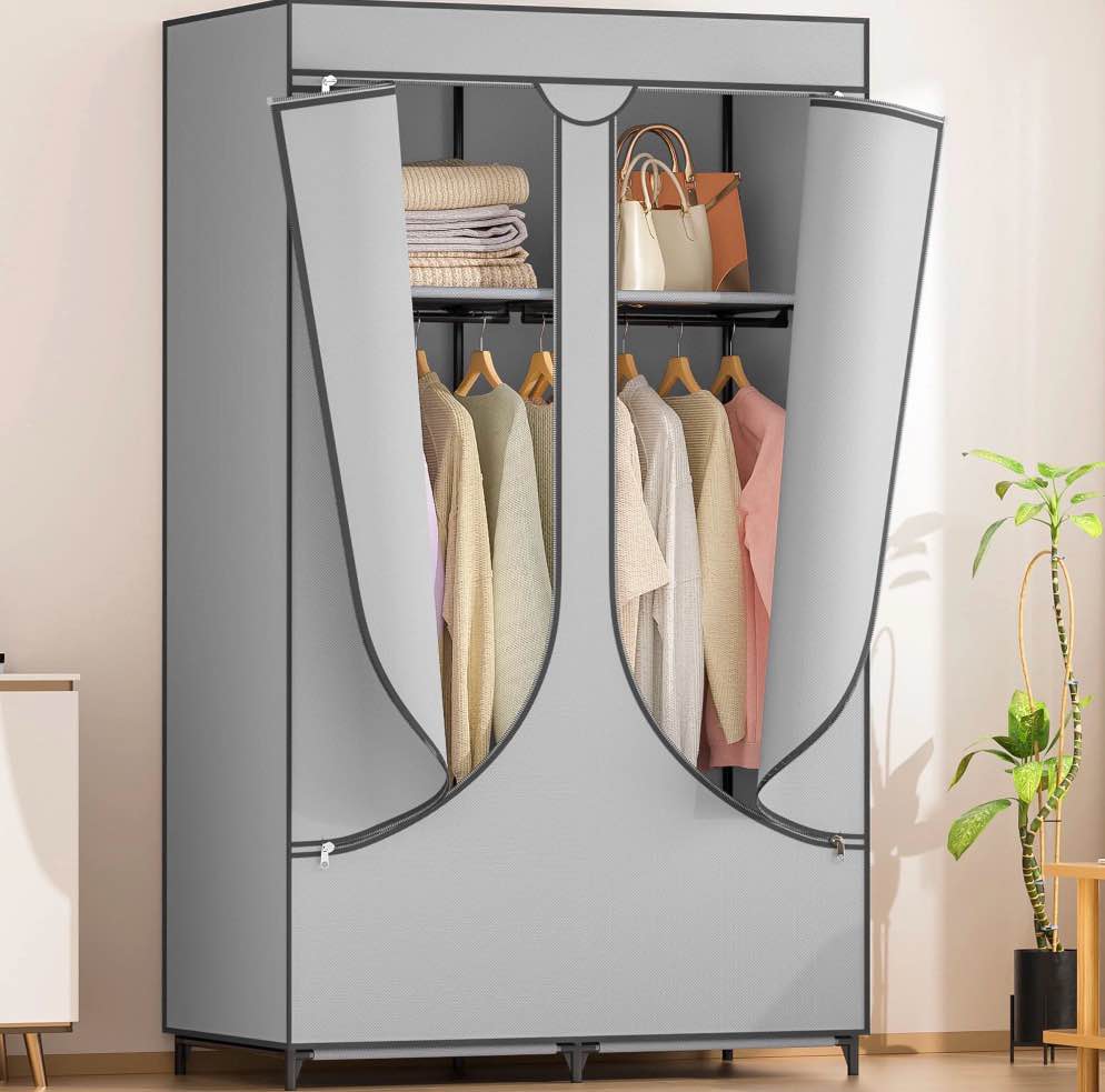 youpins clothes organizer with hanging rod, portable closet with cover clothes rack sturdy fabric wardrobe organizer,light gray
