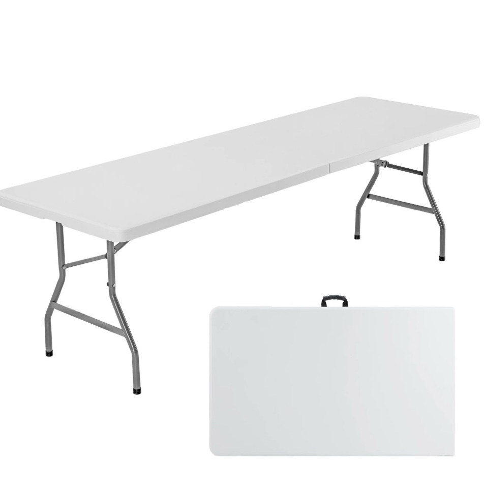 edx 8ft folding table, outdoor indoor heavy duty portable with carrying handle for camping, white,29.92"w x 94.49"d x 29.13"h