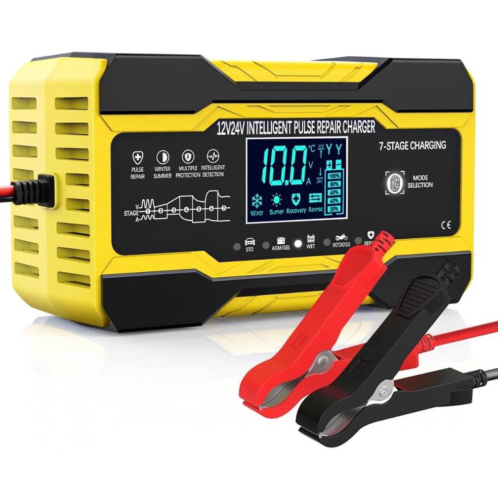 10-amp car battery charger, 12v and 24v smart fully automatic battery trickle charger maintainer with temp compensation for truck motorcycle lawn boat marine lead acid batteries lead acid battery