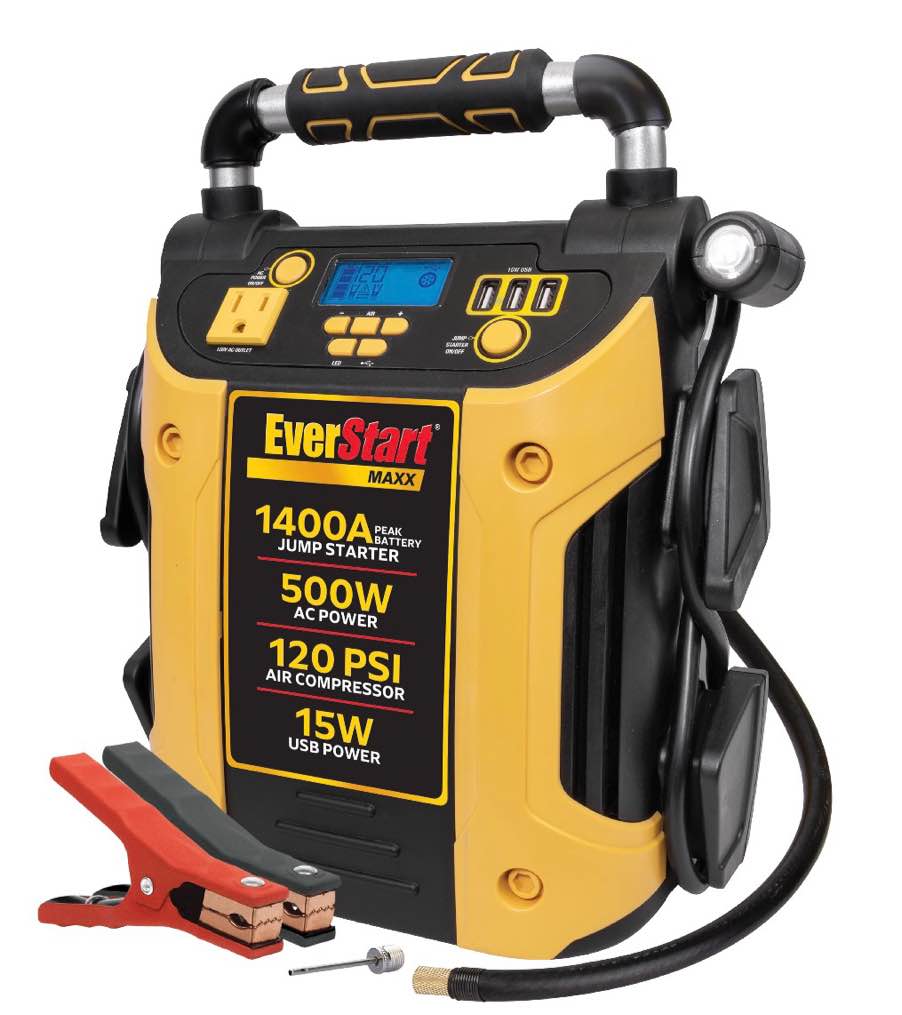 everstart maxx j5cpde 1400 peak amps jump starter, power station, 500w inverter, 120 psi compressor