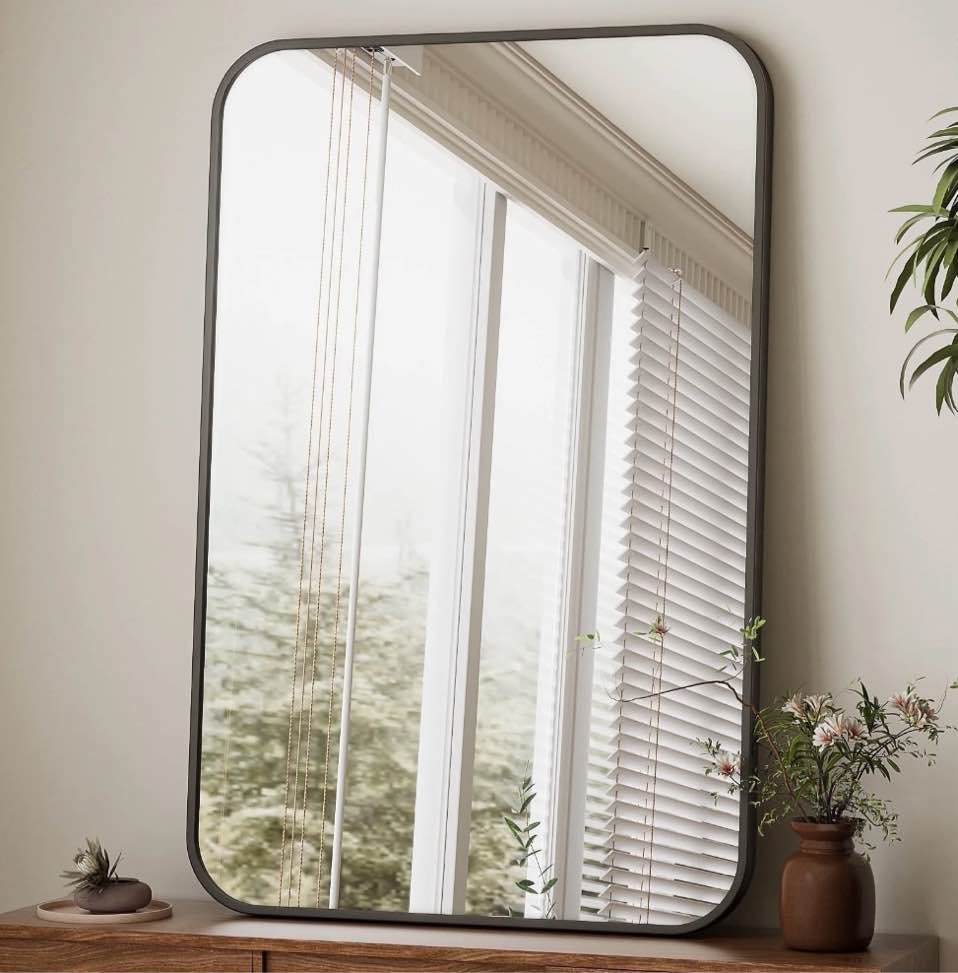 beautypeak 24"x36" wall mirror rounded corners hanging vanity mirror black