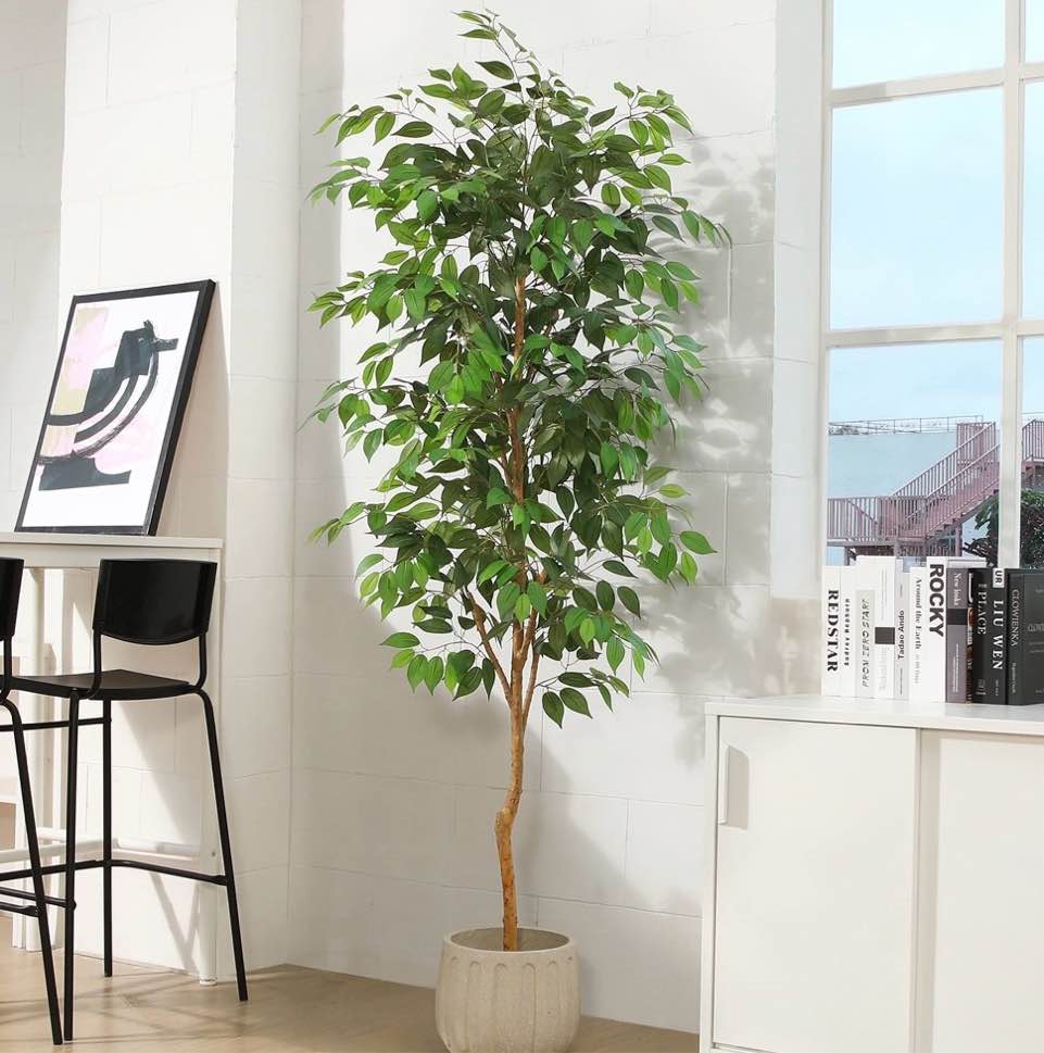7ft artificial ficus tree with natural wood trunk and lifelike leaves, silk fake potted tree with wood branches, faux tree for office home decor