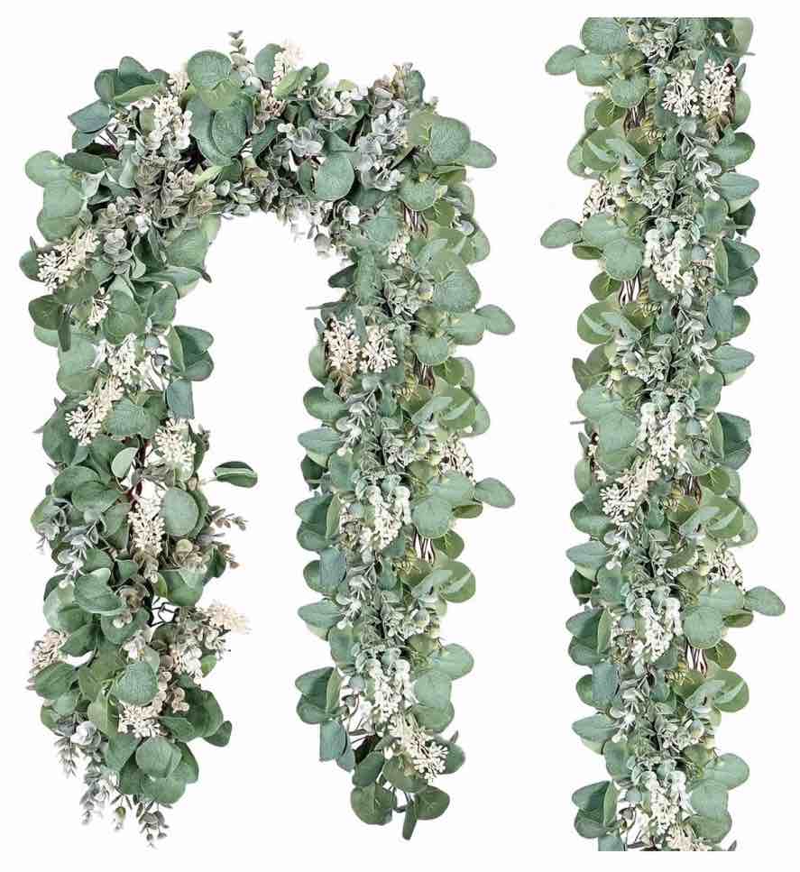 scidweet 2 pack greenery eucalyptus garland, 13 ft silver dollar leaves boxwood with white buds artificial faux greenery vines for baby shower wedding party table runner room home mantle decor