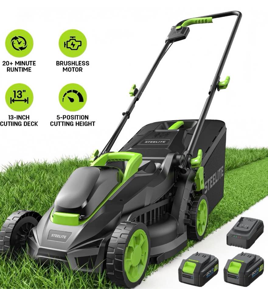 steelite 13-inch cordless lawn mower, 21v electric lawn mowers with brushless motor for garden,2*4.0ah battery & charger included 2 batteries