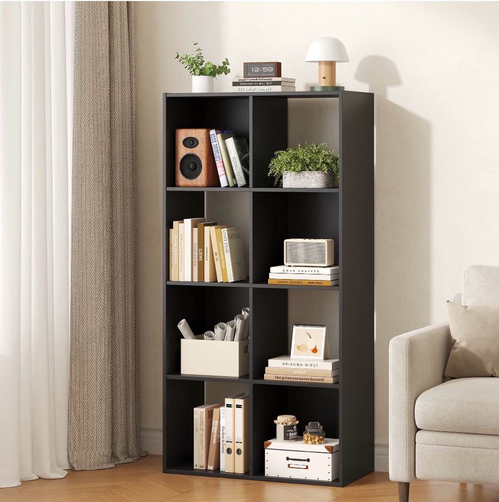concetta 8 cube storage organizer, open corner bookshelf with removable back panels for living room bedroom office, 24*12*48 inches, black