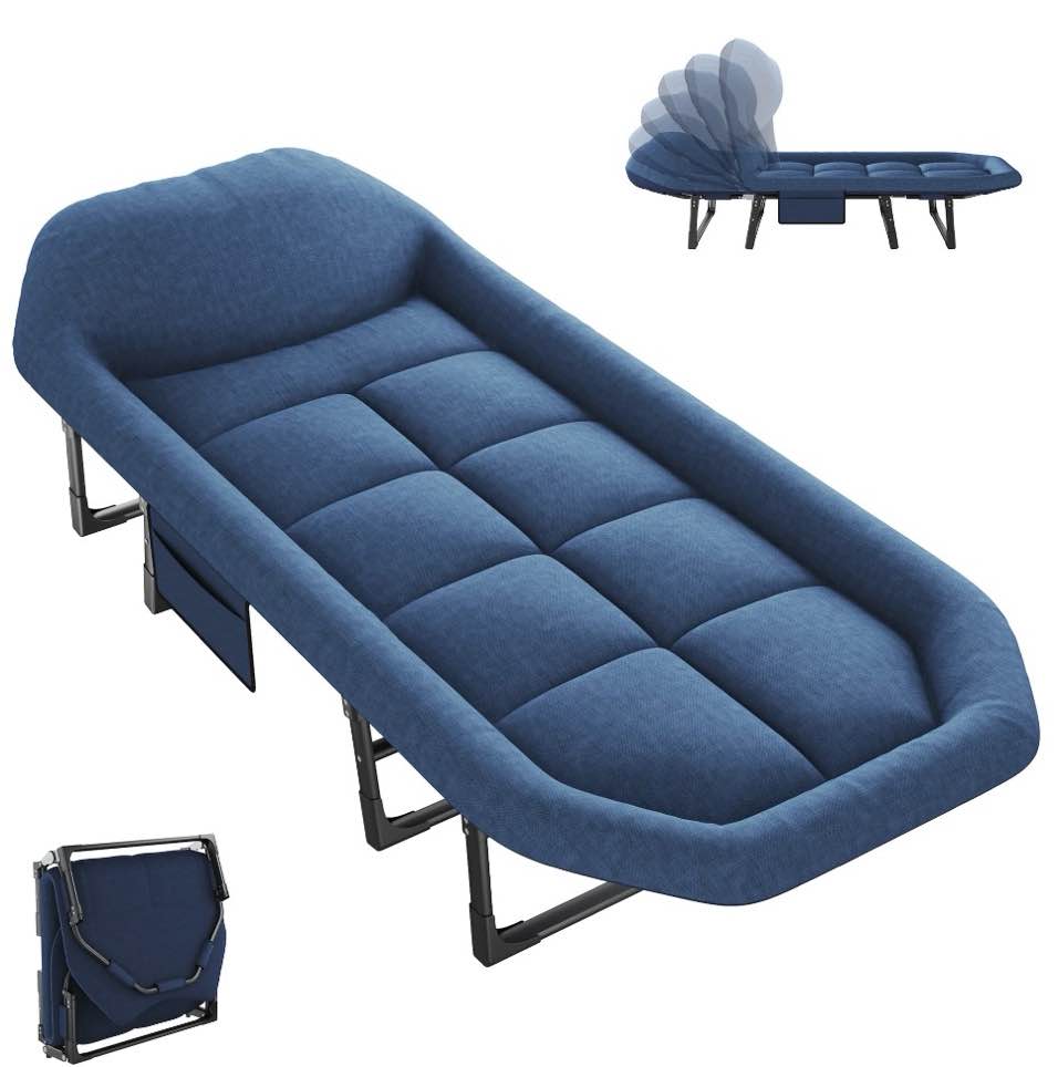 jioabl folding camping cot for adults with headrest & mattress, 71 inch portable sleeping bed for camping, travel, blue