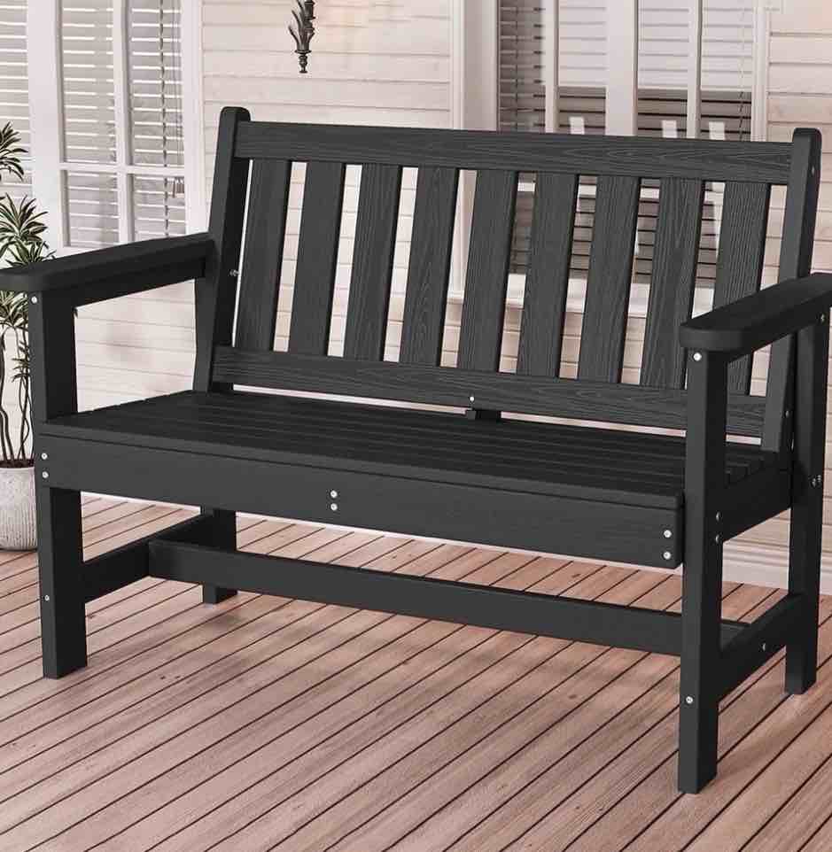 serwall outdoor bench for 2-person, weather-resistant hdpe with aluminum reinforcement, supports 660 lbs, comfortable seating for patio, garden, and porch, black