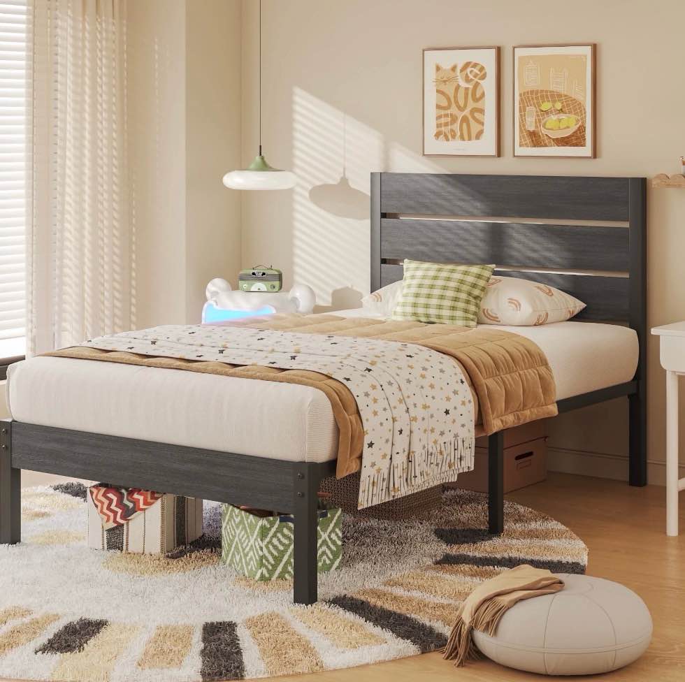 lifezone twin bed frame with rustic vintage wood headboard and footboard, gray