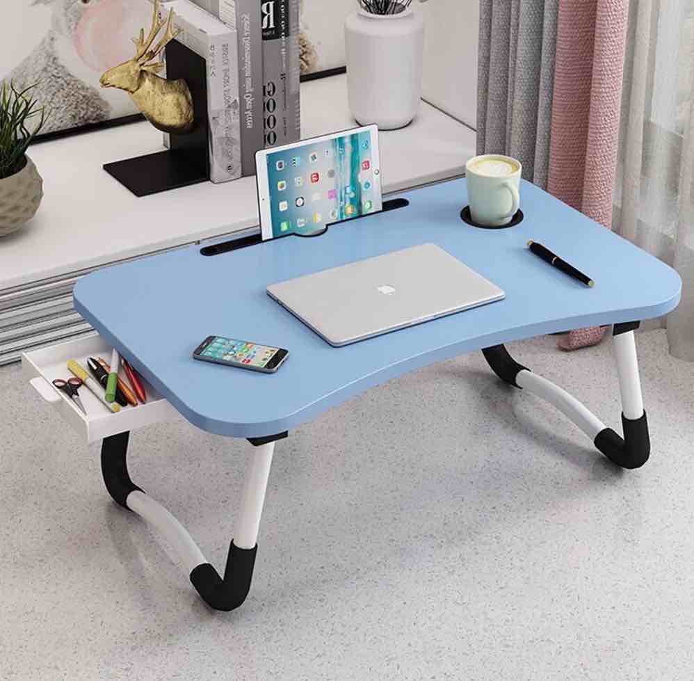 phancir foldable lap desk 23.6 inch portable wood laptop desk table workspace office organizer bed sofa tray with slots/cup holder/drawer anti-slip for reading writing eating watching blue