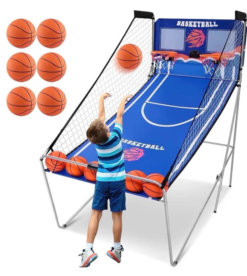dual shot basketball arcade game segmart 81 x44 foldable indoor electronic arcade basketball game with 6 balls 8 modes led scoreboard air pump battery powered for adults blue