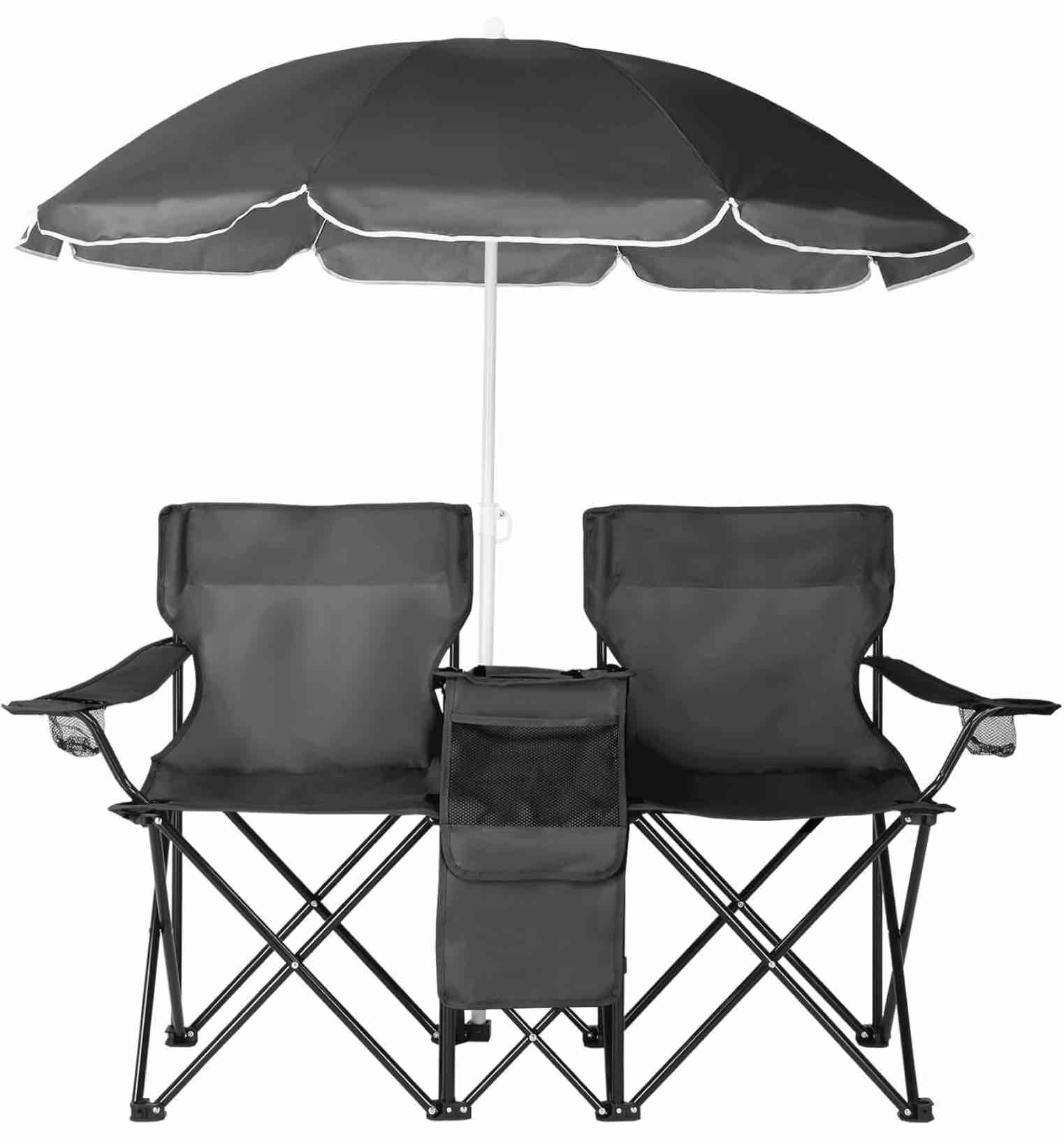 double folding camping chair w/umbrella fold up table beverage holder carrying bag cooler for patio pool park outdoor beach, picnic, portable (black)