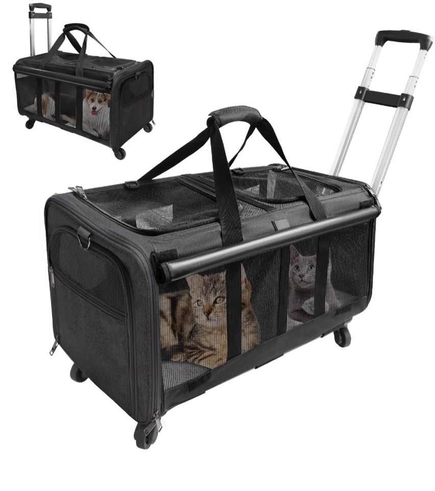 elegx double-compartment pet rolling carrier with wheels for 2 pets for up to 35 lbs cat rolling carrier for 2 cats super ventilated design ideal for traveling/hiking /camping