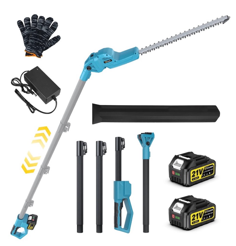 gisam 21v max brushless pole hedge trimmer cordless, 20.5" dual-action blade, 180° adjustable head electric bush trimmer, 2×4000mah batteries, up to 14.9ft reach battery powered hedge trimmers for sh