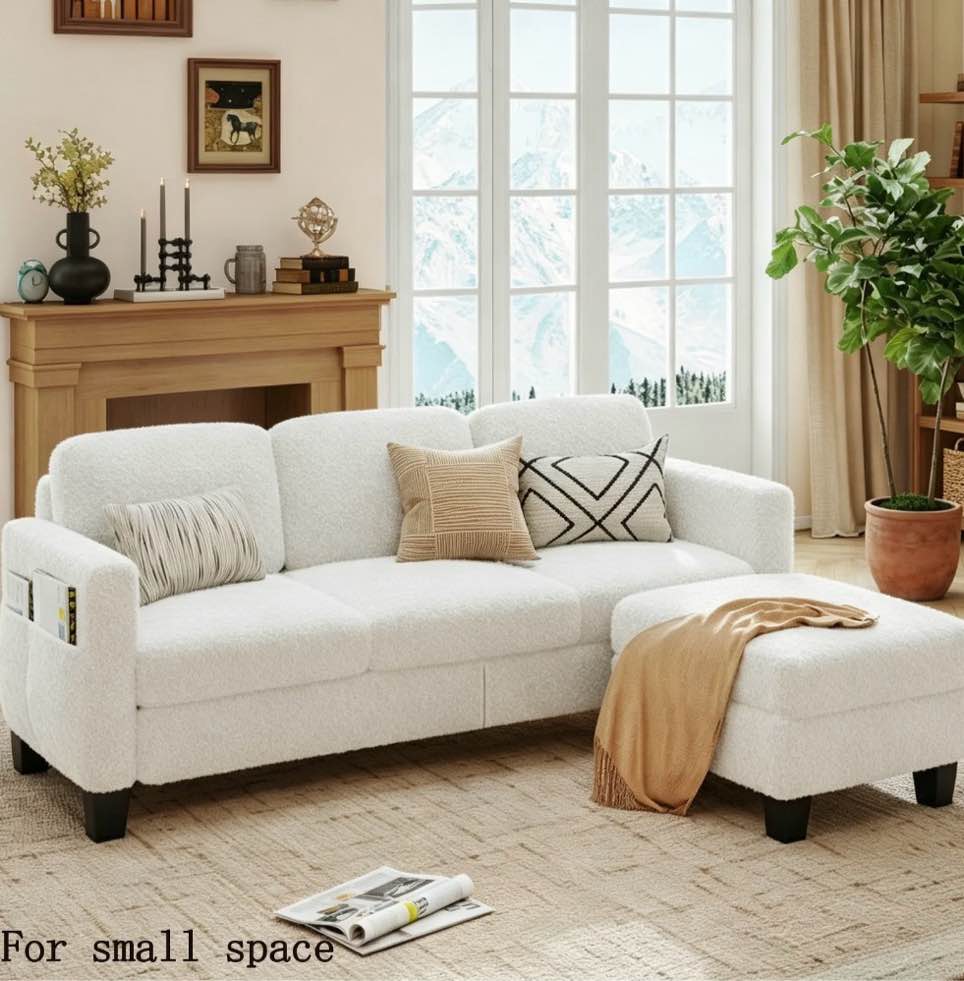 pinmoco l-shaped sectional sofa couch for living room, 3 seat teddy fabric convertible modular sofa with movable storage ottoman and side pockets for apartment and small space, off white