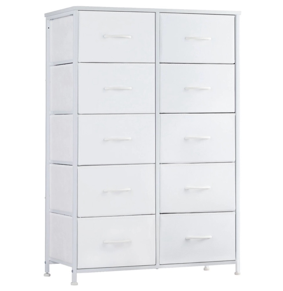 concetta 10-drawer fabric storage cabinet for adults, organizer furniture for living room, office, kitchen, hallway, white