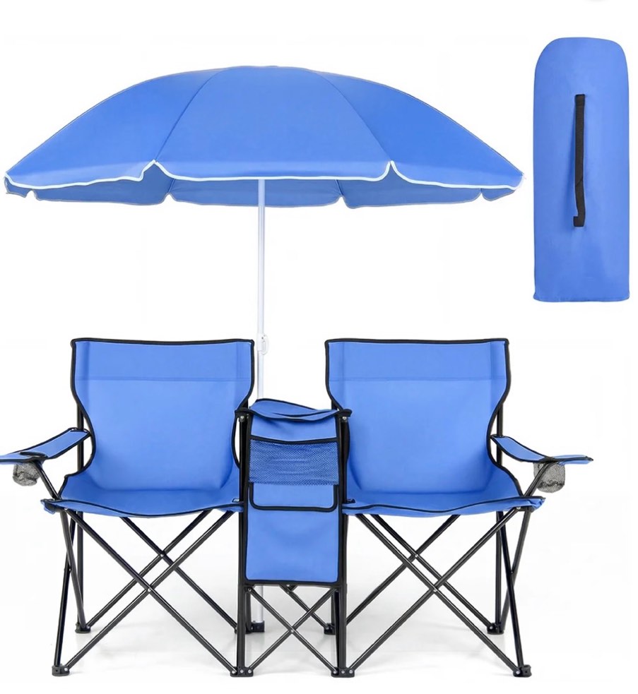 cowin outdoor foldable picnic double chair ,camping chairs with umbrella camping double portable chairs folding beach chair with insulation bag,backpacking blue