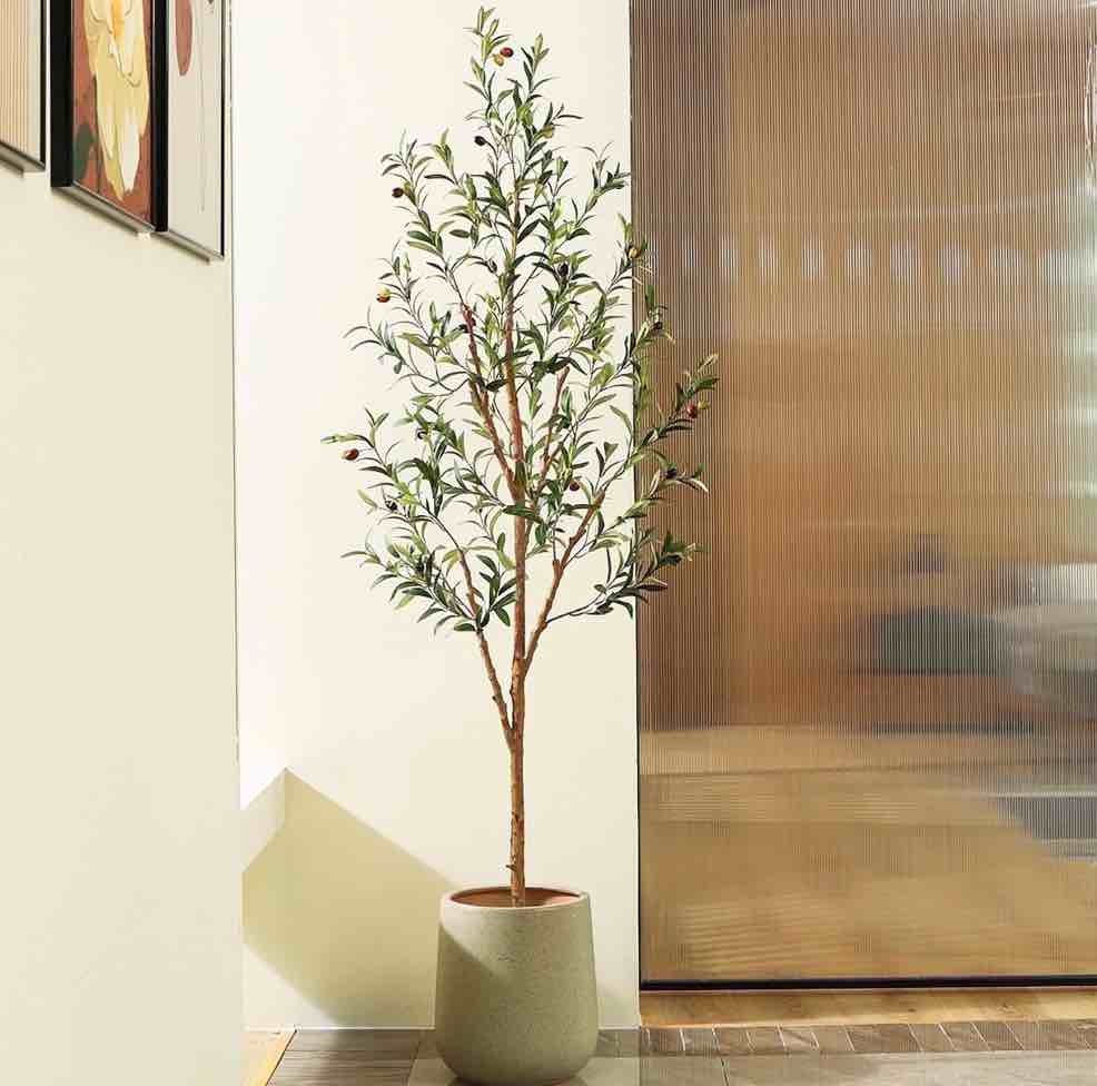 dr.planzen 6ft artificial olive tree indoor, tall faux olive tree, artificial plants with natural wood trunk and lifelike fruits for home office decor