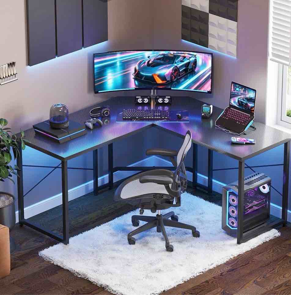 casacomoda computer desk l shaped, 51 inch reversible l shaped desk, gaming desk, home office desk, carbon fiber black