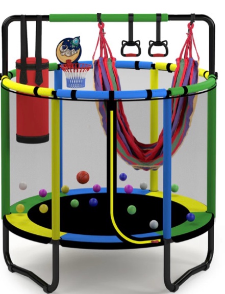 mini round trampoline for kids with basketball hoop  segmart 55   indoor outdoor toddler trampoline with enclosure net  swing  sandbag  ring  ocean balls  small trampoline gift for boys girls  blue