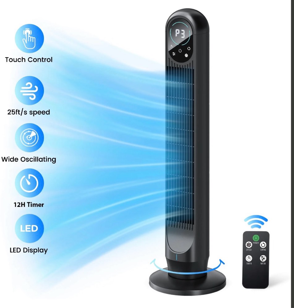 tower fan with remote 31 bladeless floor fans for home 4 modes & 4 speeds 12h timer led display 80° oscillating wide cooling for bedroom office