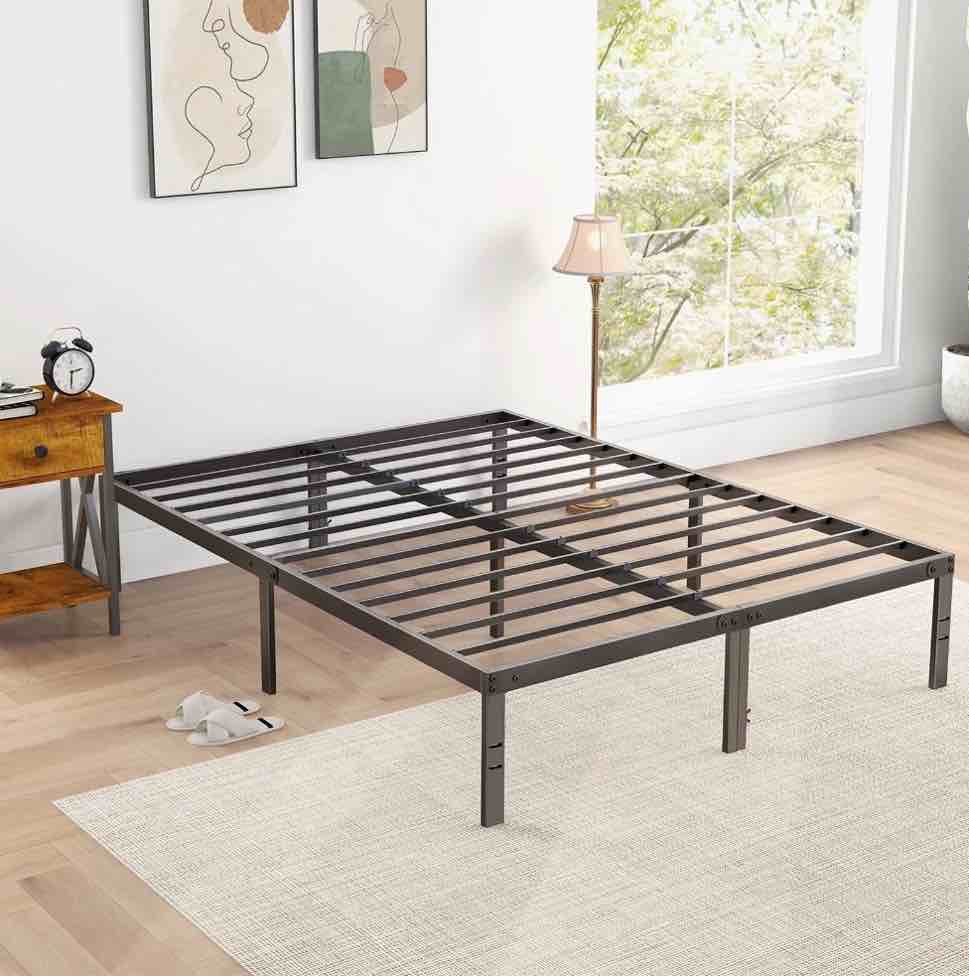 edx 14" high full size bed frame no box spring needed, heavy duty metal with sturdy steel slat support and under bed storage full