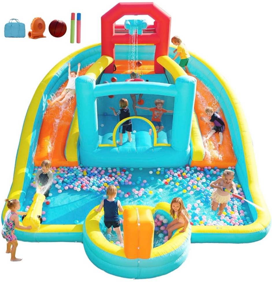 patbrela 9 in 1 large inflatable water slide bounce house ,211" x 104" x 143",with 750w blower,2 water slides, 2 water blasters,double blow up splash,deep pool,basketball hoop,water canon