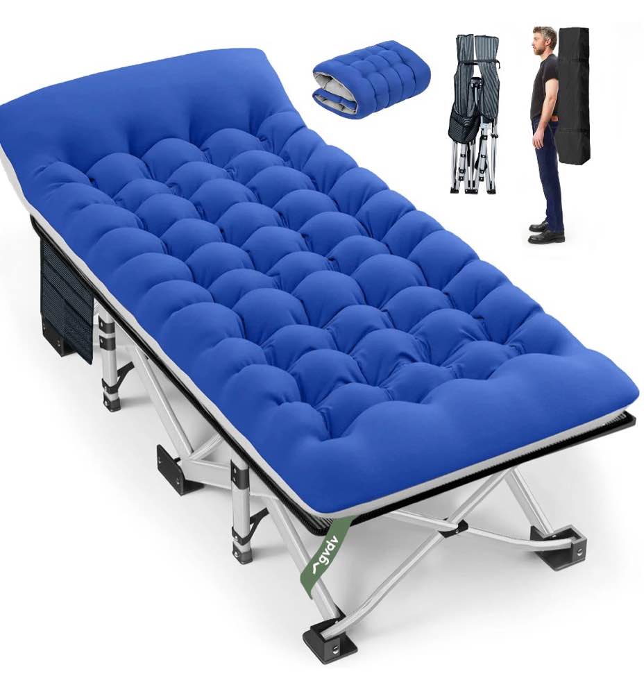 gvdv folding camping cot for adults with 2 sided mattress - 75" x 28" cot, 1200d oxford portable cot bed with carry bag for camp travel guest, blue