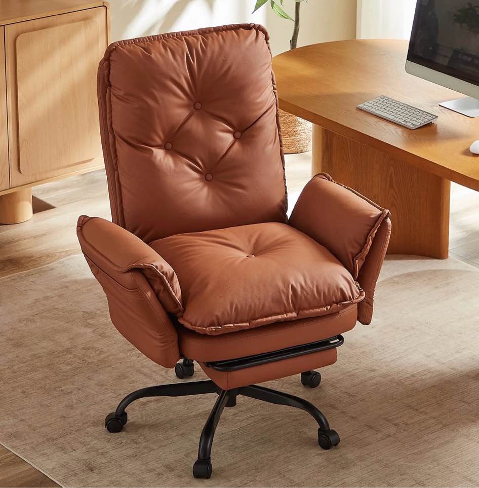bestier big and tall executive office chair with footrest and flip-up arms, ergonomic reclining high back criss cross chair with side pockets, height adjustable, brown