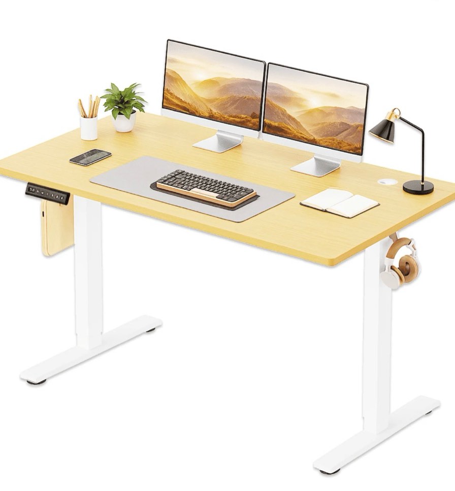 concetta electric height adjustable desk, 55"x24" ergonomic sit stand workstation, one-touch lift home office desk, oak