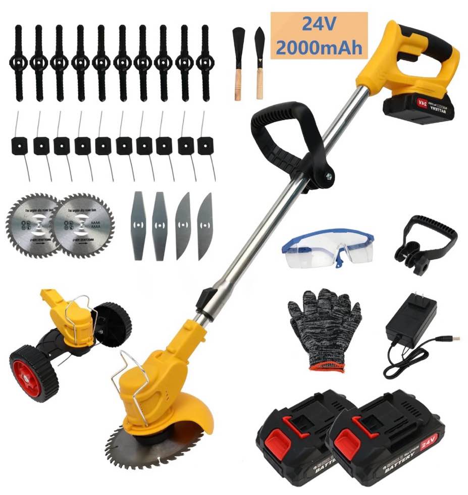650w weed trimmer cordless  24v 2000mah battery operated weed eater electric grass trimmer with wheels  3 in 1 battery powered weed wacker with 3 types blades for yard garden  yellow