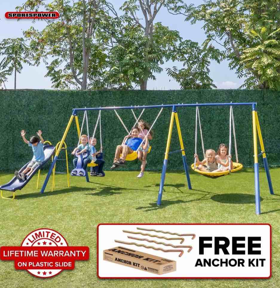 sportspower super star metal swing set with saucer swing  glider swing  lifetime warranty on blow molded slide  and bonus anchor kit